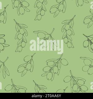 Hand-drawn olives seamless pattern on green background, for fabrics, background, wallpaper, cover Stock Vector