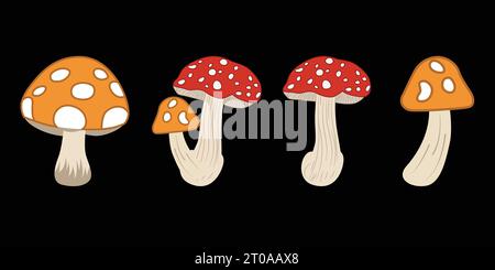 Seamless mushrooms pattern with many different colored mushrooms on a Black background Stock Vector