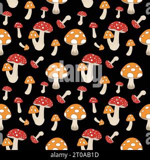 Seamless mushrooms pattern with many different colored mushrooms on a Black background Stock Vector