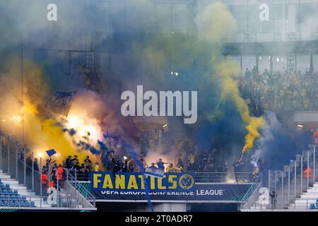 Gent, Belgium. 05th Oct, 2023. Maccabi supporters pictured during a soccer game between Belgian soccer team KAA Gent and Israeli Maccabi Tel Aviv, Thursday 05 October 2023 in Gent, on day 2 of the group phase of the UEFA Conference League competition, in group B. BELGA PHOTO KURT DESPLENTER Credit: Belga News Agency/Alamy Live News Stock Photo