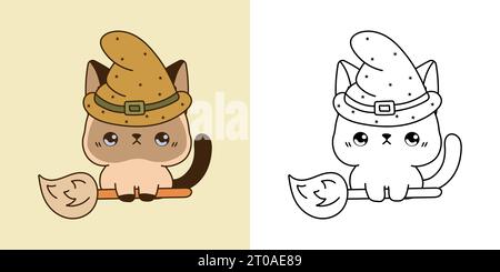 Set of Kawaii Halloween Siamese Cat Coloring Page. Collection of Vector ...