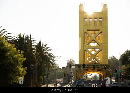 Sunset view of the historic 1935 Tower Bridge in downtown Old Sacramento, California, USA. Stock Photo