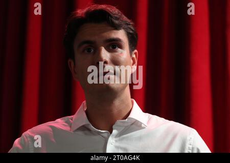 Sint Niklaas, Belgium. 05th Oct, 2023. Vooruit's chairman Conner Rousseau and pictured during a press conference of Flemish socialist party Vooruit chairman Conner Rousseau Sint-Niklaas, . BELGA PHOTO NICOLAS MAETERLINCK Credit: Belga News Agency/Alamy Live News Stock Photo