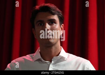 Sint Niklaas, Belgium. 05th Oct, 2023. Vooruit's chairman Conner Rousseau and pictured during a press conference of Flemish socialist party Vooruit chairman Conner Rousseau Sint-Niklaas, . BELGA PHOTO NICOLAS MAETERLINCK Credit: Belga News Agency/Alamy Live News Stock Photo