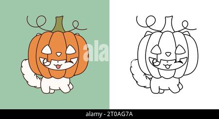 Cute Halloween Ragdoll Cat Clipart Illustration and Black and White. Kawaii Clip Art Halloween Pet. Stock Vector