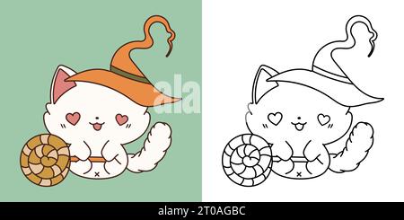 Kawaii Clipart Halloween Ragdoll Cat Illustration and For Coloring Page. Funny Kawaii Halloween Pet Stock Vector