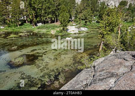 stepping stones across a Sierra Nevada creek that are underwater from high snow melt levels Stock Photo