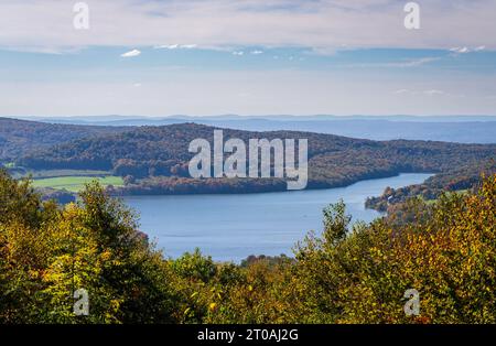View from overlook of the autumn colors of Mt Davis towards High Point Lake in south western Pennsylvania Stock Photo