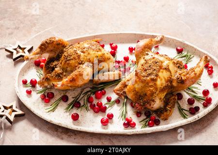 Homemade Lemon and Herb Rotisserie Chicken on a Plate, low angle view. Copy space. Stock Photo