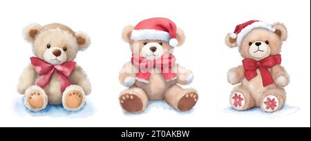 Christmas bears. Three cute New Year's Watercolor plush bears in Christmas decorations. Isolated on white background. Cartoon. Set. Postcards, print, Stock Photo