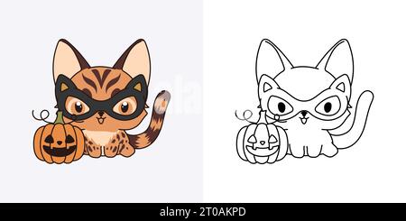 Set Halloween Bengal Cat Multicolored and Black and White. Kawaii Clip ...
