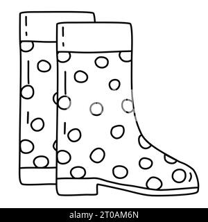 Pair of waterproof rain boots with polka dot pattern, doodle style flat vector outline illustration for kids coloring book Stock Vector