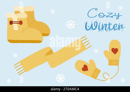 Set of suede slipper boots with fur, scarf and mittens, warm winter accessory, flat style vector illustration Stock Vector