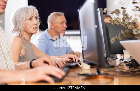 Old woman learning computer programs in training room Stock Photo