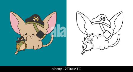 Set Clipart Halloween Sphynx Cat Coloring Page and Colored Illustration. Kawaii Halloween Mammal. Stock Vector