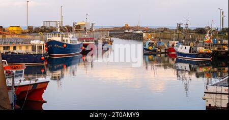 Fishing vessels moored in Seahouses harbour at sunset in Seahouses, Northumberland, UK on 25 September 2023 Stock Photo