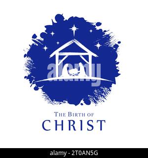 Christmas christian nativity scene with silhouette Joseph Mary and Jesus in manger. Holy night vector illustration with baby Christ on grunge shape Stock Vector