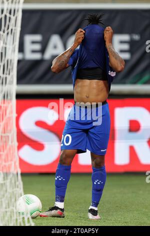 Gent, Belgium. 05th Oct, 2023. Gent's Gift Emmanuel Orban looks dejected during a soccer game between Belgian soccer team KAA Gent and Israeli Maccabi Tel Aviv, Thursday 05 October 2023 in Gent, on day 2 of the group phase of the UEFA Conference League competition, in group B. BELGA PHOTO KURT DESPLENTER Credit: Belga News Agency/Alamy Live News Stock Photo