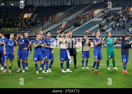 Gent, Belgium. 05th Oct, 2023. Gent's players celebrate after winning a soccer game between Belgian soccer team KAA Gent and Israeli Maccabi Tel Aviv, Thursday 05 October 2023 in Gent, on day 2 of the group phase of the UEFA Conference League competition, in group B. BELGA PHOTO KURT DESPLENTER Credit: Belga News Agency/Alamy Live News Stock Photo