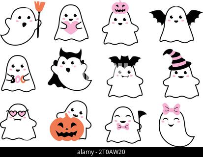 Cute funny ghosts. Childish spooky boo characters with bat, pumpkin for kids. Pink Halloween Isolated flat cartoon vector illustrations of comic Stock Vector
