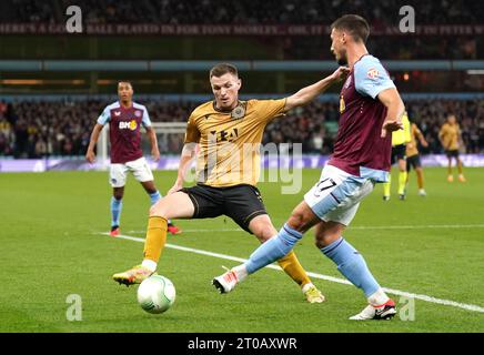 Aston Villa's Clement Lenglet (right) and HSK Zrinjski's Antonio Ivancic battle for the ball during the UEFA Europa Conference League Group E match at Villa Park, Birmingham. Picture date: Thursday October 5, 2023. Stock Photo