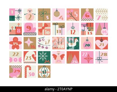 Christmas advent calendar with cute cartoon illustrations, numbers. Simple retro winter vector elements for funny tradition. Stock Vector