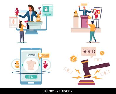 Live and online auction set, vector illustration Stock Vector