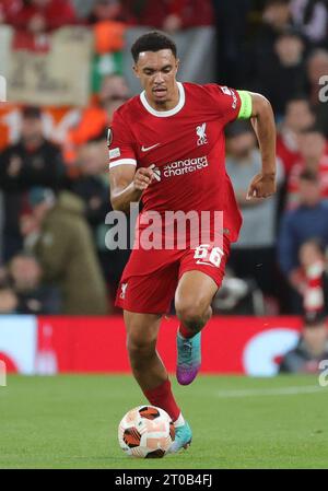 Liverpool, UK. 05th Oct, 2023. Liverpool's Trent Alexander-Arnold pictured in action during a match between Belgian soccer team Royale Union Saint Gilloise and English Liverpool FC, on Wednesday 04 October 2023 in Liverpool, United Kingdom, on day 2 of the group phase of the UEFA Europa League competition, in group E. BELGA PHOTO VIRGINIE LEFOUR Credit: Belga News Agency/Alamy Live News Stock Photo