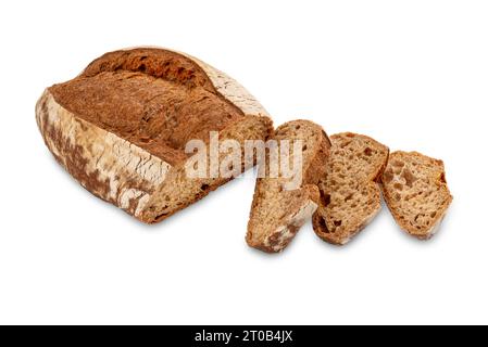 Loaf of whole wheat flour bread with slices, miccone typical bread from Piedmont, Italy, isolated on white with clipping path included Stock Photo