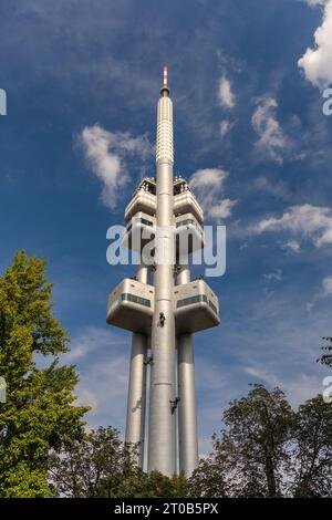 PRAGUE, CZECH REPUBLIC, EUROPE - Zizkov Television Tower, a 216m transmitter tower. On tower is sculptor David Cerny installation Babies. Stock Photo