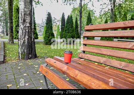 Red paper cup of coffee and tea on an empty wooden bench in an empty autumn park Stock Photo