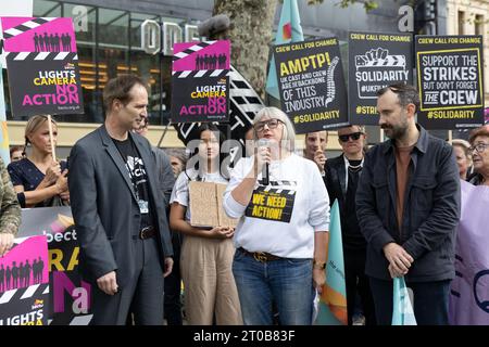 London, UK. October 05, 2023.  At Leicester Square, members of Bectu stage a rally demanding a quick resolution for the ongoing actors' strike. Stock Photo
