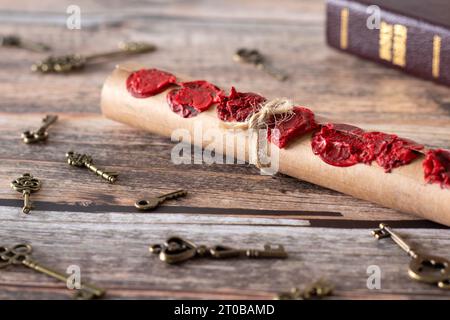 Scroll with seven wax seals and ancient keys on wood with closed holy bible in the background. Biblical prophecy, revelation of God Jesus Christ. Stock Photo