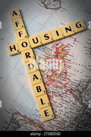 Affordable Housing in Scrabble letters, on a map of England, Wales, Scotland, Great Britain , UK Stock Photo