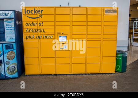 Bristol, England UK - February 14 2023: Amazon yellow online order pick up storage unit.. Stock Photo