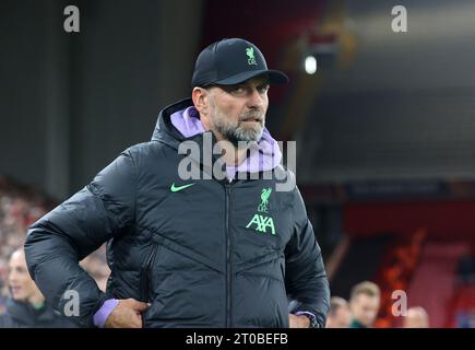 Anfield, Liverpool, Merseyside, UK. 5th Oct, 2023. Europa League Football, Liverpool versus Union Saint-Gilloise; Liverpool manager Jurgen Klopp walks to the dugout Credit: Action Plus Sports/Alamy Live News Stock Photo