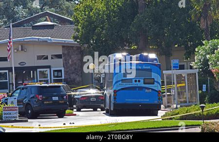 police at a crime scene where people were stabbed in a Senior mobile home park in Union City, California, on the morning of October 5, 2023 Stock Photo