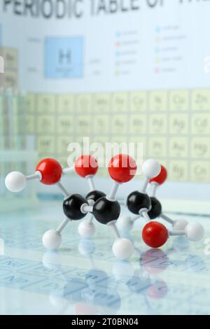 Ball and stick molecular model with formula of new drug written on ...