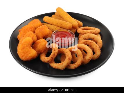 Tasty chicken nuggets, fried onion rings, cheese sticks and ketchup isolated on white Stock Photo