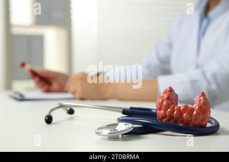 Endocrinologist working in hospital, focus on thyroid gland model and stethoscope on white table Stock Photo