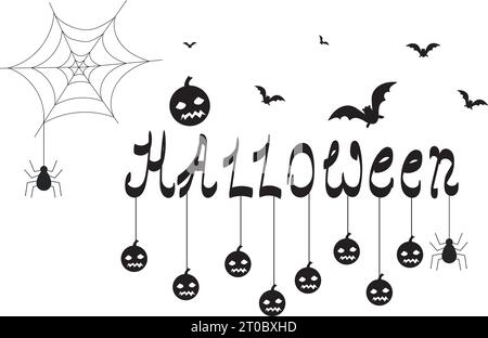 halloween hand drawn calligraphy with hanging pumpkin spider silhouette with transparent background Stock Vector