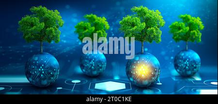 Tree growing on Circuit digital ball. Digital Convergence and Technology Convergence. Blue light and Wireframe network background. Green Computing. Stock Photo