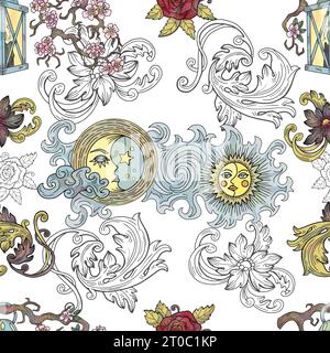 Vector seamless pattern with fantasy illustrations of moon and sun symbols, romantic victorian decorations. Stock Photo