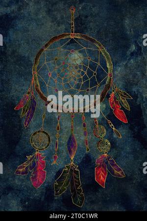 Vintage mystic illustration with occult, esoteric and gothic symbol of dreamcatcher against old paper textured background, Halloween concept, card wit Stock Photo