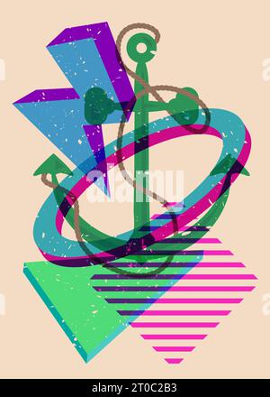 Risograph Anchor and geometric shapes. Nautical Object in trendy riso graph design, print texture style. Stock Vector