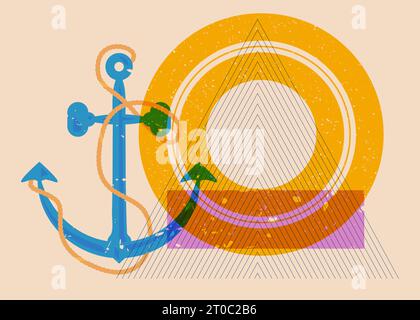 Risograph Anchor and geometric shapes. Nautical Object in trendy riso graph design, print texture style. Stock Vector