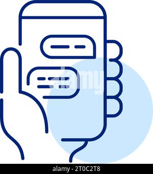 Hand holding smartphone with messenger app interface. Chatting online. Pixel perfect icon Stock Vector