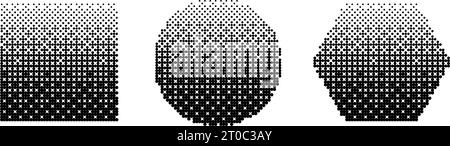 Geometric shapes bitmap set. Dither gradient forms collection. Circle, square, hexagon elements design elements for poster, banner, collage, booklet, brochure. Abstract pixelated shapes pack. Vector Stock Vector