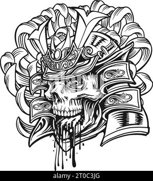 Monster skull samurai ornate warrior helmet outline vector illustrations for your work logo, merchandise t-shirt, stickers and label designs, poster, Stock Vector