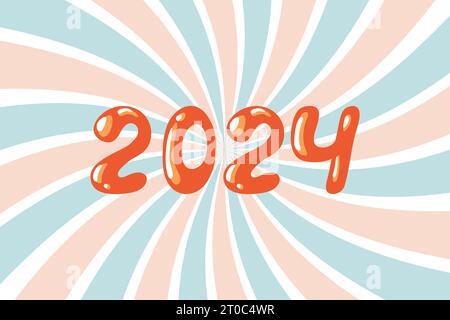 2024 groovy vector. Hand drawn number 2024 New Year isolated on swirl background in retro style. Stock Vector